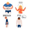 Children with different mental health problems. Depression, obsessive-compulsive disorder, Oppositional defiant disorder, Post-