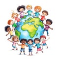 Children of different nationalities around earth. International multicultural friendship. Diversity, ethnicity, unity concept. Royalty Free Stock Photo