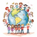 Children of different nationalities around earth. International multicultural friendship. Diversity, ethnicity, unity concept.