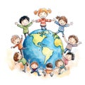 Children of different nationalities around earth. International multicultural friendship. Diversity, ethnicity, unity concept.