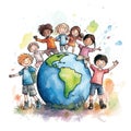 Children of different nationalities around earth. International multicultural friendship. Diversity, ethnicity, unity concept.