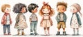 Children of different nationalities in spring clothes standing in a row. Isolated watercolor characters. Generative AI Royalty Free Stock Photo