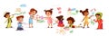Children drawing with pencils vector illustration of different nationality cartoon boys and girls kids painting with Royalty Free Stock Photo