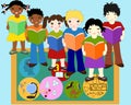 Children of different races with books in hands near board