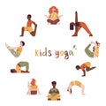 Children in different yoga poses in the circle. Kids yoga lettering. Vector illustration in flat style Royalty Free Stock Photo