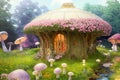 Children digital illustration, magic elven house with fairy tale mushrooms and flowers, fairyland wallpaper Royalty Free Stock Photo