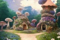 Children digital illustration, magic elven house with fairy tale mushrooms and flowers, fairyland wallpaper, Royalty Free Stock Photo