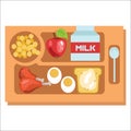 School lunch tray, Children dinner consist of chicken drumsticks eggs milk and apple vector illustration.