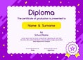 Children diploma or certificate design template on purple background.