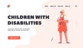 Children with Disabilities Landing Page Template. Blind Girl with Cane and Sunglasses. Disabled Female Kid Character