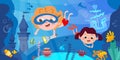 Children dive and swim with sea creatures underwater. Sea castle, sunken ship and treasure. Full color banner, modern