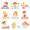Children Do Not Like Vegetables Set, Kids Enjoying Eating of Fast Food and Sweets Vector Illustration Royalty Free Stock Photo