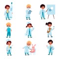 Children doctors. Kids with medical dress and tools, hospital role-playing game, toy patients at reception of therapists