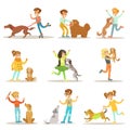 Children And Dogs Illustrations Set With Kids Playing And Taking Care Of Pet Animals Royalty Free Stock Photo