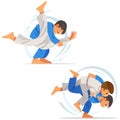 Children are doing high throws judo in judogi. Illustration with different judo