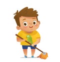 Children doing household routines - Little boy mopping floor. Concept of Montessori engaging educational activities