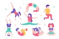 Children doing physical exercises set of various poses and cute cartoon characters of kids on white background