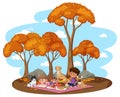 Children doing picnic in the park with many autumn tree