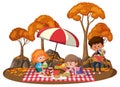 Children doing picnic in the park with many autumn trees