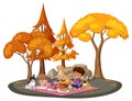 Children doing picnic in the park with many autumn trees