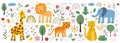 Children doodle pattern. Animals and flower plants. Childish tiger. Geometric tree drawing. Lion and leopard