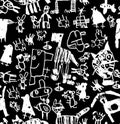 Children doodles draw chalk black and white seamless pattern.