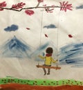 Children draw little boy swing watching mountains Royalty Free Stock Photo