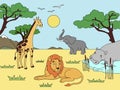 Children drawing. Animals of Africa, mainland mammals, zoo. Raster