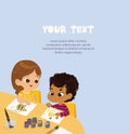 Children drawing in art class. Boy and Girl Draw Pictures with paints and pencils. Poster with the Place for the text. Royalty Free Stock Photo