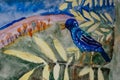 Children drawing of blue bird starling sitting on green branch with leaves on background of forest, with gouache paints