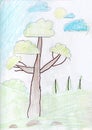 Children drawing with brown tree in summer lawn. Childish drawing