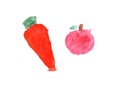 Children drawing of carrot and tomato on white background. Drawn vegetables