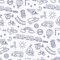 Children drawing of cars, train, plane, helicopter and rocket. Doodle transport. Cute children drawing. Seamless pattern