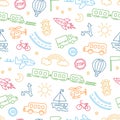 Children drawing of cars, train, plane, helicopter and rocket. Doodle transport. Seamless pattern in kid style.