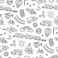 Children drawing of cars, train, plane, helicopter and rocket. Doodle transport. Seamless pattern in kid style.