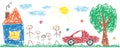 Children drawing cheerful family, house, tree, car, sun.