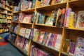 Children drawing and coloring books on shelves in a bookstore for sale. Library kids books section. Variety of Books For Sale On