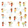 Children Drawing with Crayon on Wall Big Vector Set Royalty Free Stock Photo