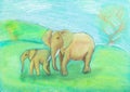 Children drawing - Elephant with baby the savannah Royalty Free Stock Photo