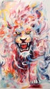 Children drawing of a fiery Lion in watercolor.