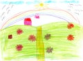 Children drawing with flowers and colorful rainbow Royalty Free Stock Photo