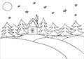 Children drawing of forest and house in winter at night. Contour of snow hills, house, fir trees, moon, stars. Hand drawn. Vector Royalty Free Stock Photo