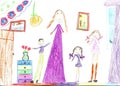 Children drawing of a happy family inside house. Housewife doing household chores