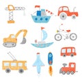 Children drawing. Kids painting transport cars tractors ship plane toys doodle vector hand drawn collection Royalty Free Stock Photo