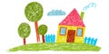 Children drawing. Kids drawing style. Big family house. Crayon vector illustration.