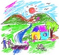 Children drawing multicolored symbols family