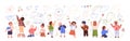 Children drawing on wall. Happy creative kids painting with colored crayon. Cute preschool boys and girls characters
