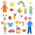 Children drawings. Colored crayon picture of kids hand drawn house rainbow people flowers sun vector collection Royalty Free Stock Photo