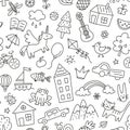 Children drawings seamless pattern. Kids doodle texture. Hand drawn cute house, cat, frog, unicorn. Baby seamless Royalty Free Stock Photo