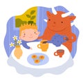 Children dreams. Little dreamer with fictional friend. Cute monster and kid drink tea at table. Imaginary animal